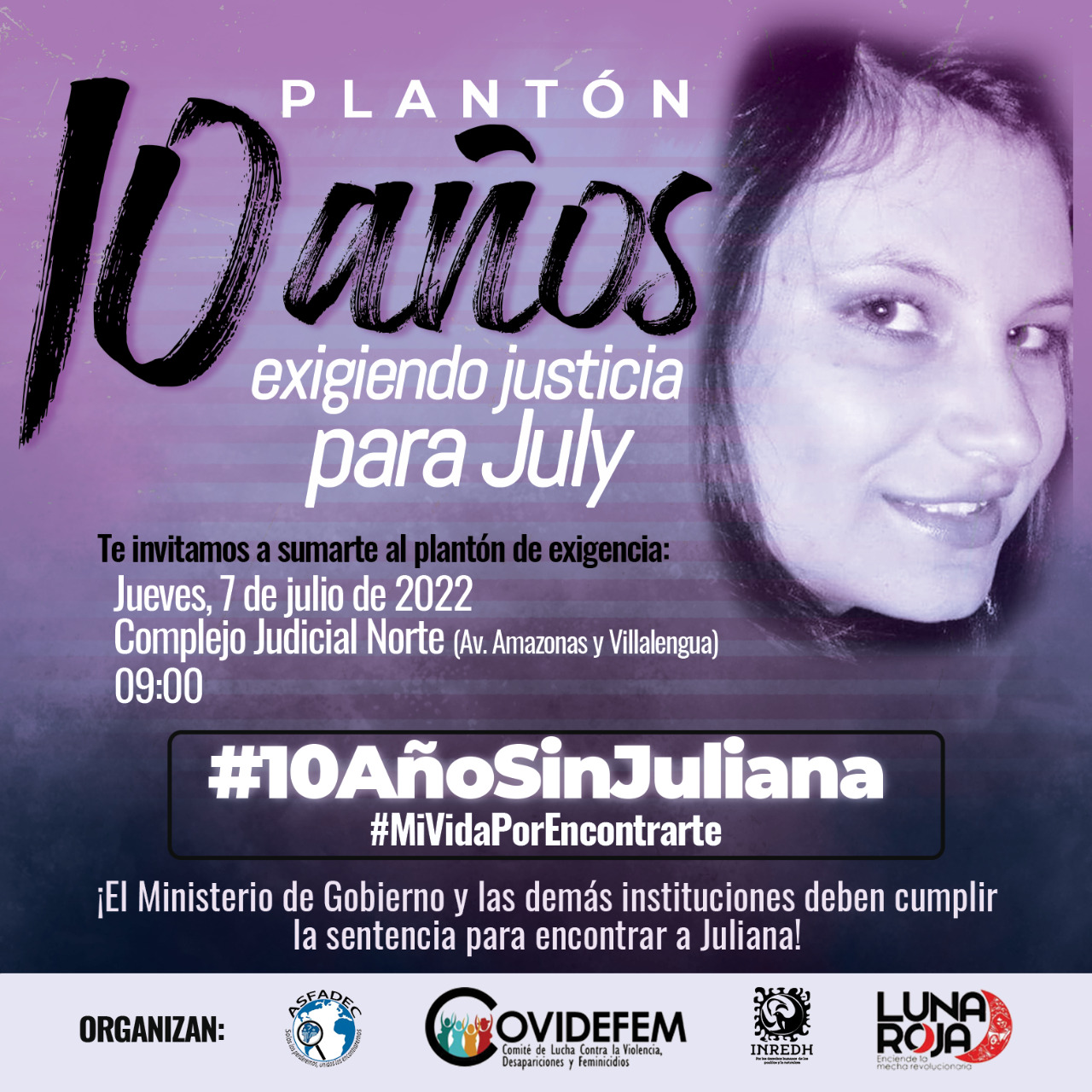 Convocatoria plantón 10 años sin Juliana Campoverde desaparecida en 2012